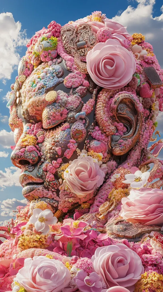 A digital artwork depicts a face-like sculpture adorned with an abundance of pink and pastel flowers, creating a surreal and dreamlike effect. The sculpture appears to be made of a dark, possibly metallic base, textured to resemble a face, encrusted with various floral elements and decorative pieces, giving it a rich, three-dimensional appearance against a bright blue sky with clouds. The overall composition is lush and vibrant, invoking a feeling of beauty and wonder.