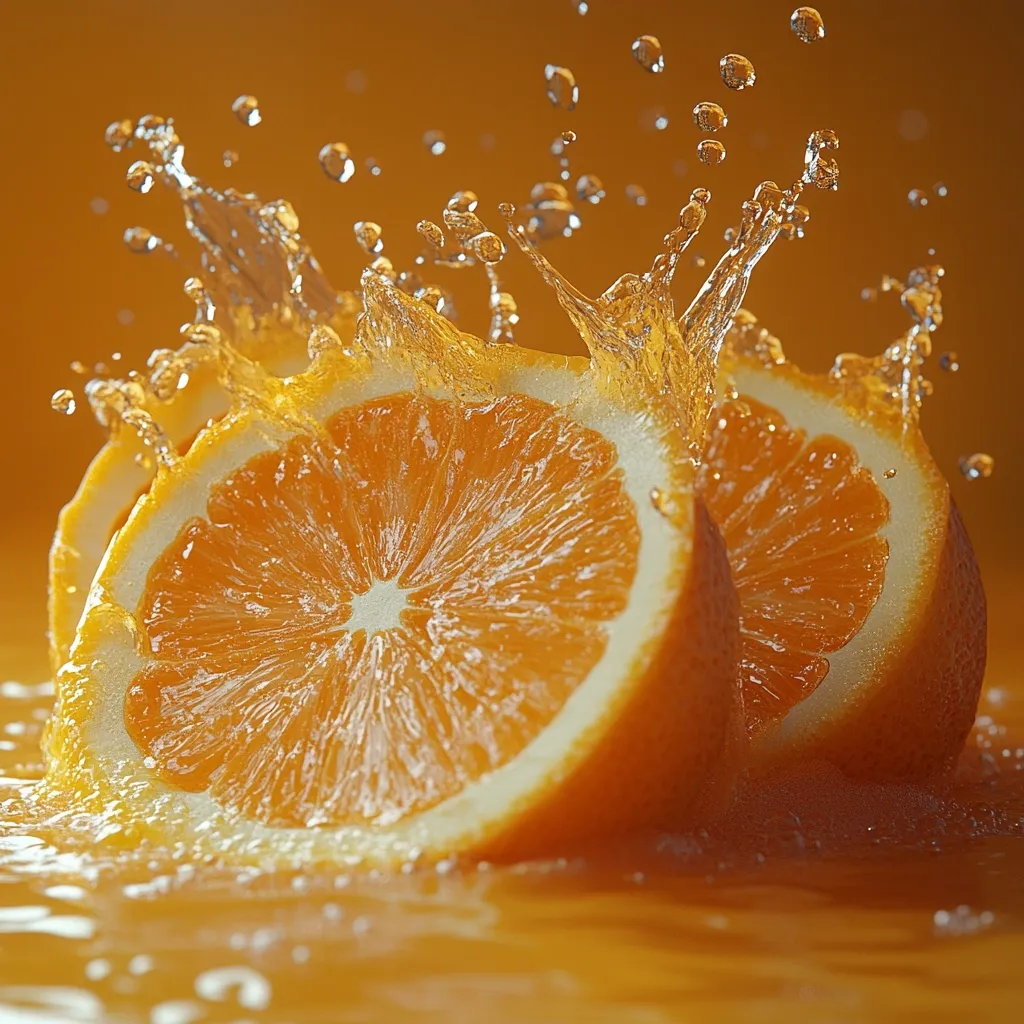 Two juicy orange halves splash into a pool of orange juice, creating a vibrant and refreshing scene.  Water droplets burst outwards, highlighting the bright citrus fruit.  The image conveys a sense of freshness and vitality, emphasizing the natural sweetness and juiciness of the oranges. The background is a warm, golden orange tone, complementing the fruit.