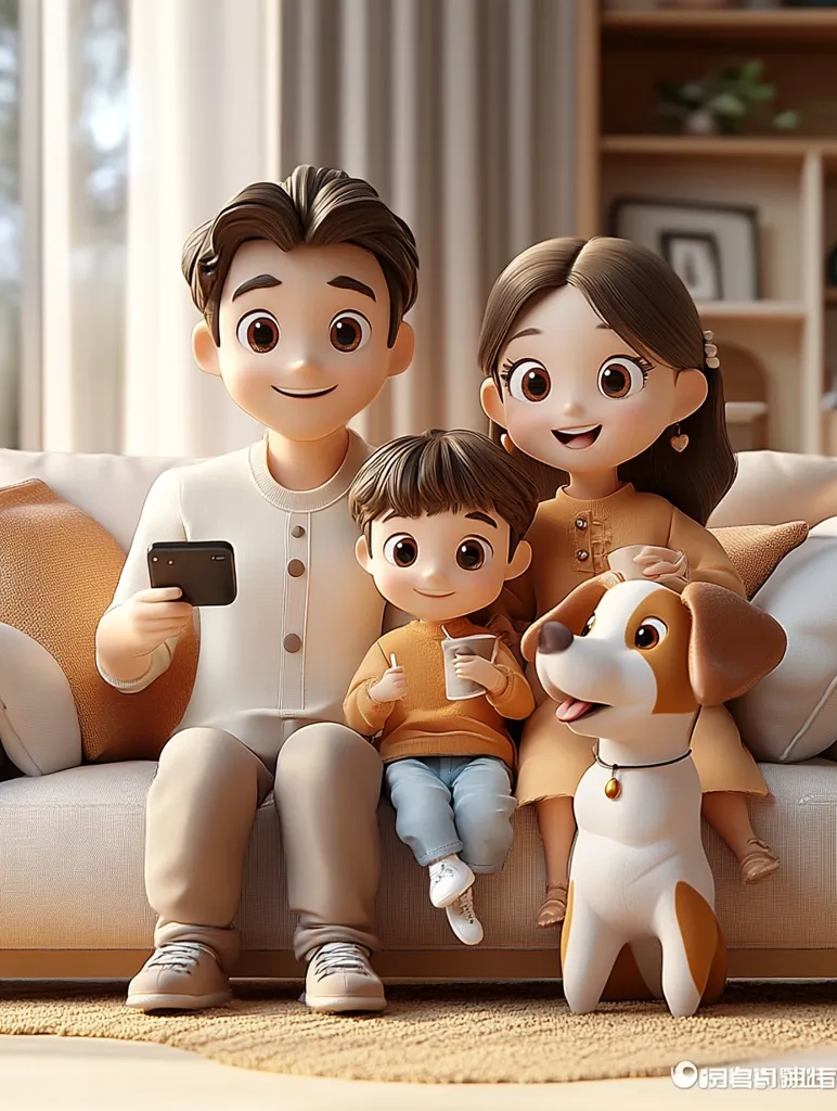 A heartwarming illustration depicts a happy cartoon family relaxing on a beige couch.  The father holds a phone, the mother sits beside him, and their young son sits between them, holding a cup.  Their adorable pet dog sits in front, completing the cozy scene. The family is depicted in soft, pastel colors, conveying a sense of warmth and contentment.