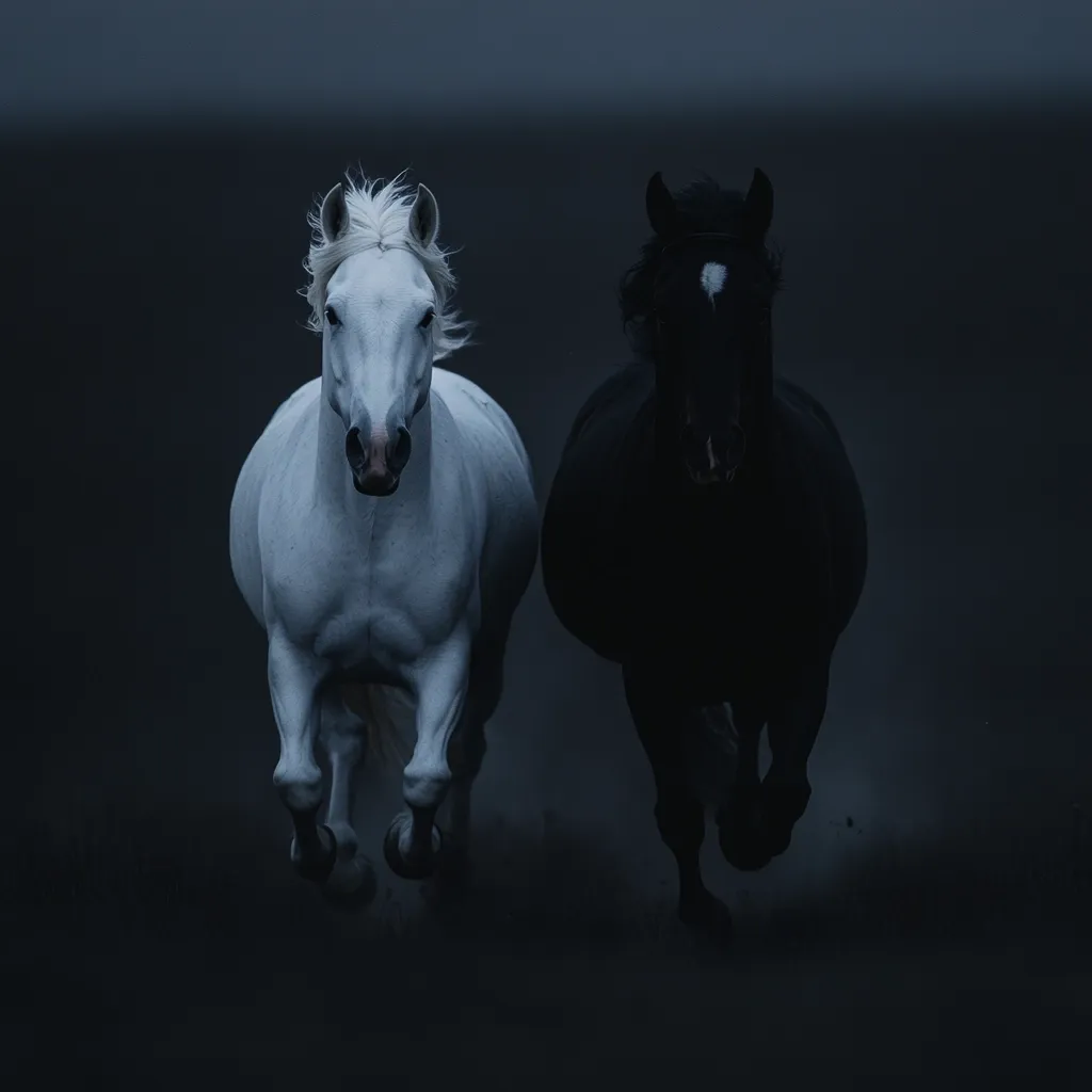 A white horse and a black horse run towards the viewer against a dark, moody background.  Dust rises around their hooves as they gallop.  The contrast between the horses' coats and the dark setting creates a dramatic and powerful image.  Their focused expressions convey a sense of energy and freedom.