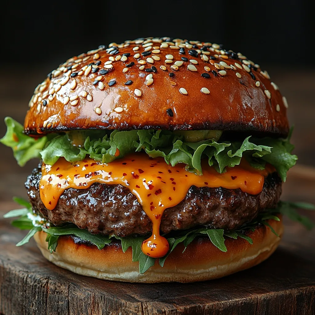 A juicy gourmet burger is presented, featuring a toasted sesame seed bun, a perfectly seared beef patty generously drizzled with a vibrant orange chili cheese sauce, crisp lettuce, and a hint of green. The burger rests on a rustic wooden surface, creating a visually appealing and mouth-watering image.  The depth of field emphasizes the burger's texture and details.