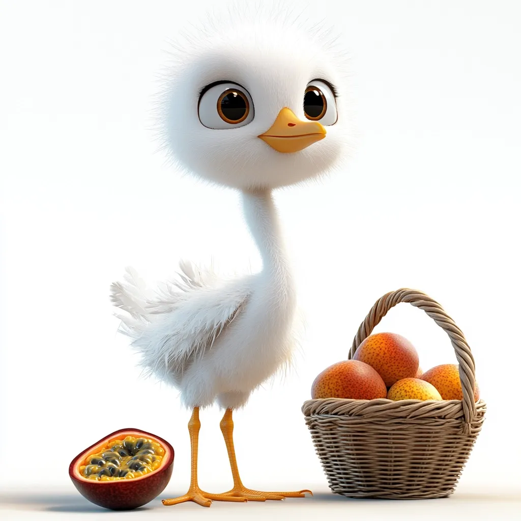A fluffy, white, cartoon bird stands next to a wicker basket filled with oranges and a halved passion fruit.  The bird has large, expressive eyes and a charmingly innocent expression. The scene is set against a plain white background, highlighting the vibrant colors of the fruit and the soft texture of the bird's feathers.  The image is playful and cheerful.