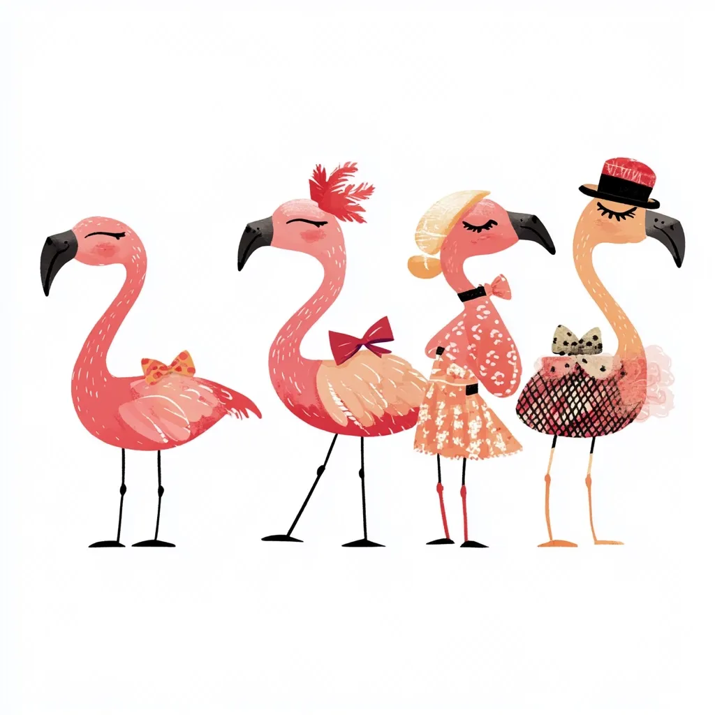Four stylish flamingos stand in a row.  The flamingo on the far left wears a bow. The next two are dressed in patterned dresses and hats, while the last one sports a top hat and a bow.  Their pink plumage is vibrant, and their expressions are serene. The illustration is playful and whimsical.