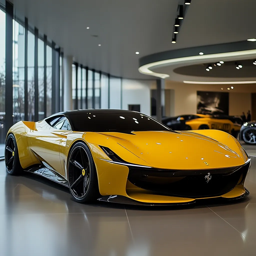 A vibrant yellow Ferrari concept car dominates the foreground, its sleek lines and aerodynamic design accentuated by a contrasting black lower section.  The car sits in a modern, minimalist showroom with large windows, showcasing its luxury and advanced engineering. Other vehicles are subtly visible in the background, highlighting the exclusivity of the featured Ferrari. The glossy floor reflects the car's stunning form.