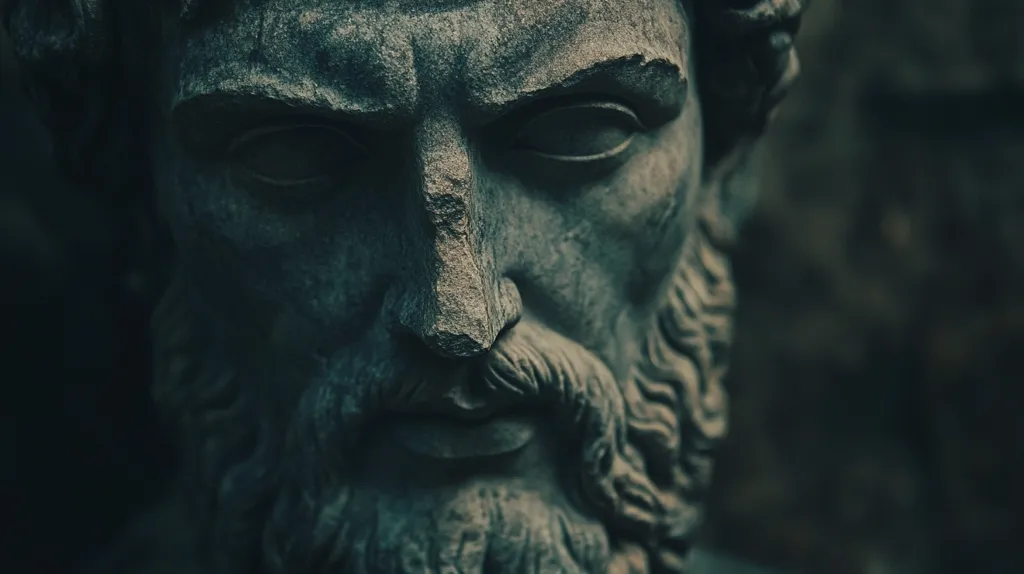 A close-up shot reveals a weathered stone bust, possibly ancient Roman or Greek in origin.  The detail focuses on the face, showcasing a strong nose, deep-set eyes, and a thick, sculpted beard.  The dark, moody lighting enhances the texture of the stone and the age of the sculpture, creating a sense of history and mystery.  The background is blurred, drawing attention solely to the intricate details of the face.