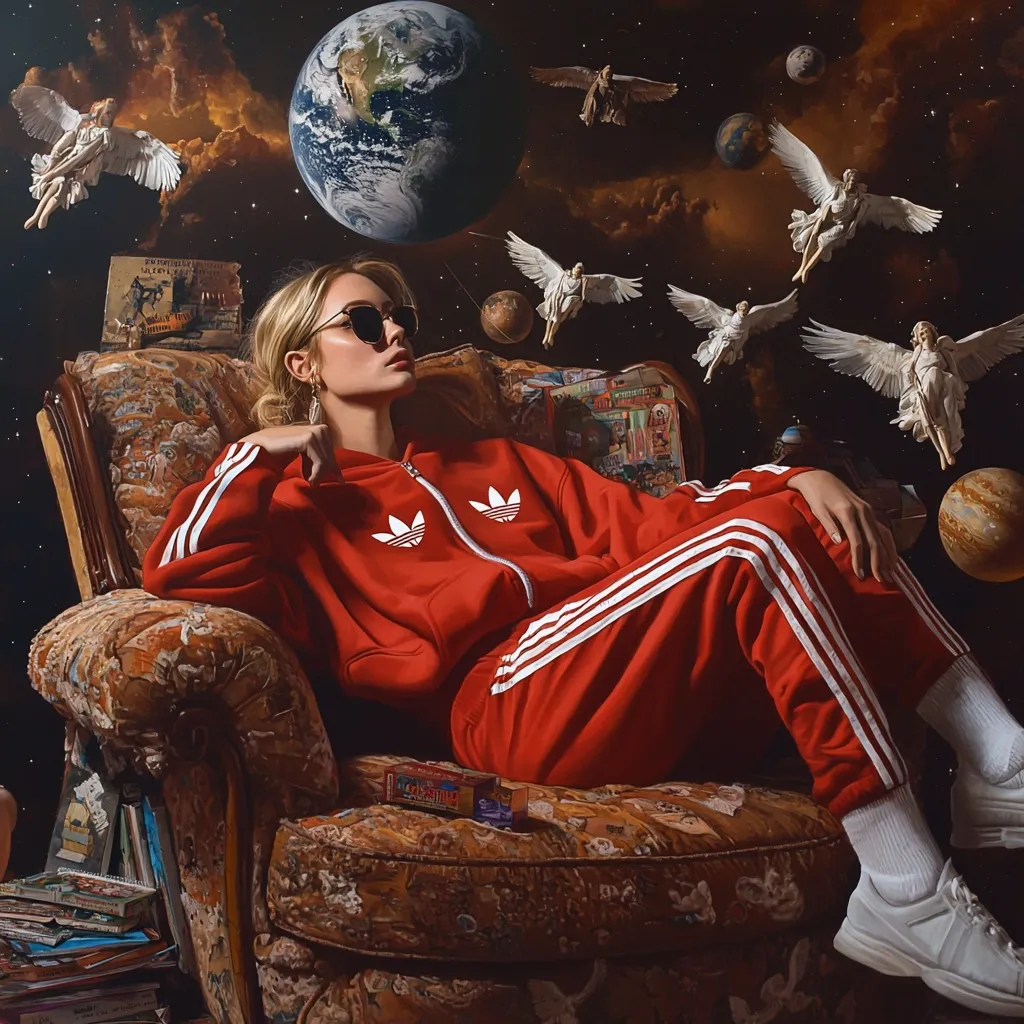 A woman in a red Adidas tracksuit sits in a vintage armchair, gazing thoughtfully.  Above her, a surreal cosmic scene unfolds: Earth hangs in space, surrounded by cherubic figures with wings, floating amidst stars and planets. The juxtaposition of the everyday and fantastical creates a striking, dreamlike image.  Old books and magazines are scattered nearby, adding to the scene's eclectic ambiance.