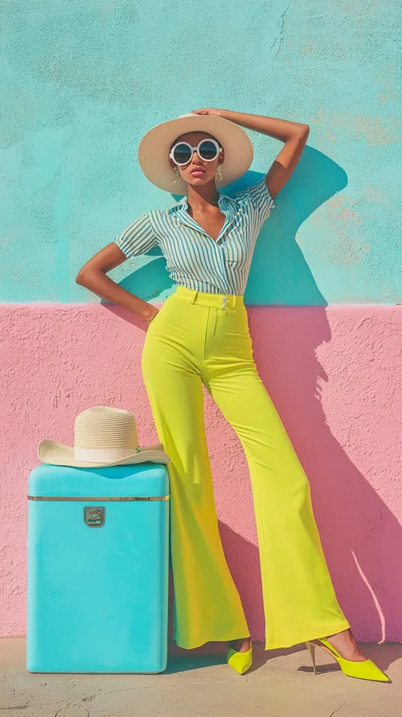 A stylish woman in vibrant yellow pants and a blue striped shirt poses against a pastel pink and blue wall. She wears a wide-brimmed hat and sunglasses, adding to her chic summer look.  A light blue suitcase sits at her feet.  The overall image evokes a retro, playful, and fashionable vibe.