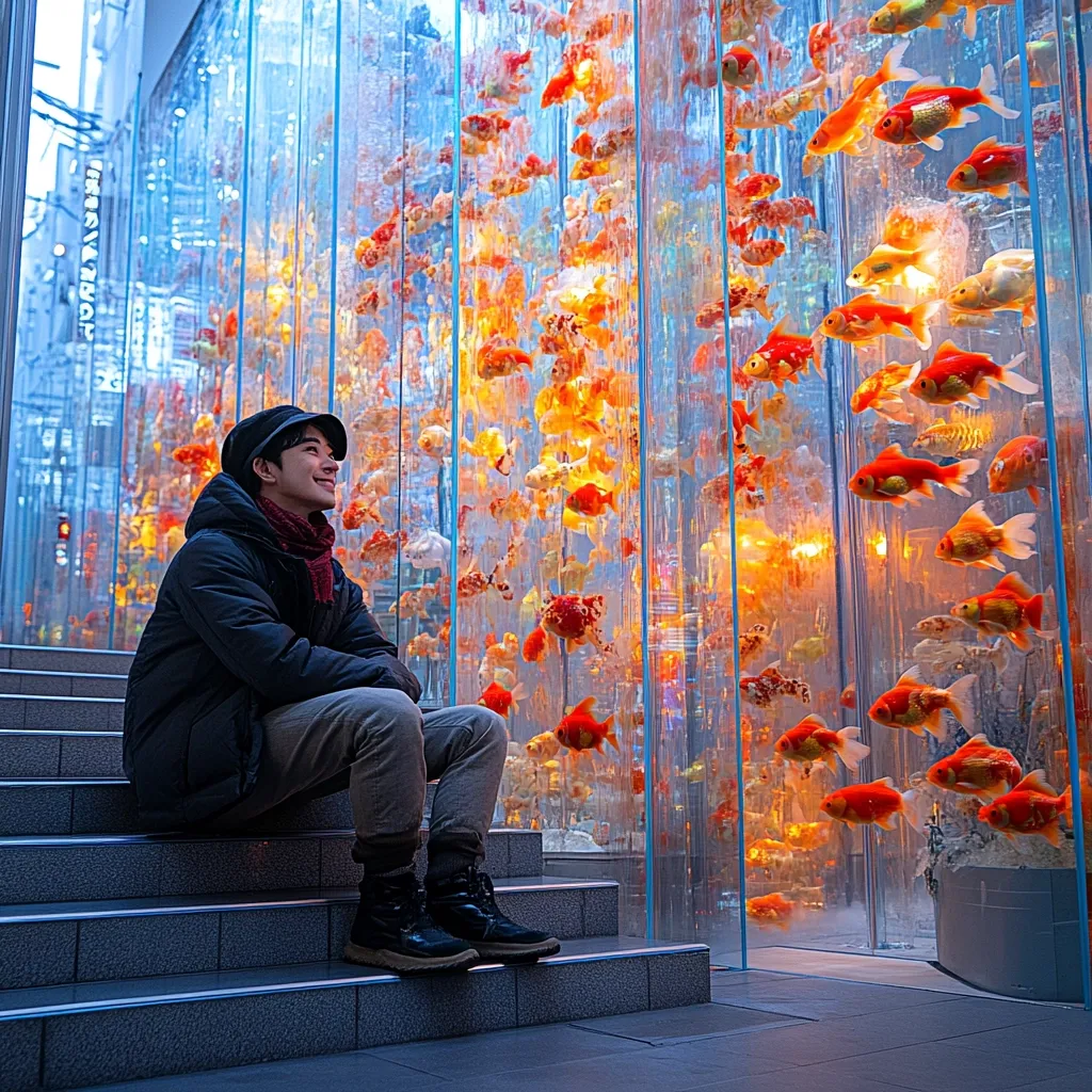 A young man sits on steps, gazing at a mesmerizing large-scale aquarium.  Hundreds of vibrant goldfish swim within a multi-paneled glass structure, creating a stunning visual spectacle.  The scene is illuminated, highlighting the fish's orange and gold hues. The man appears captivated by the aquatic display, his relaxed posture suggesting peaceful contemplation. The overall atmosphere is serene and captivating.