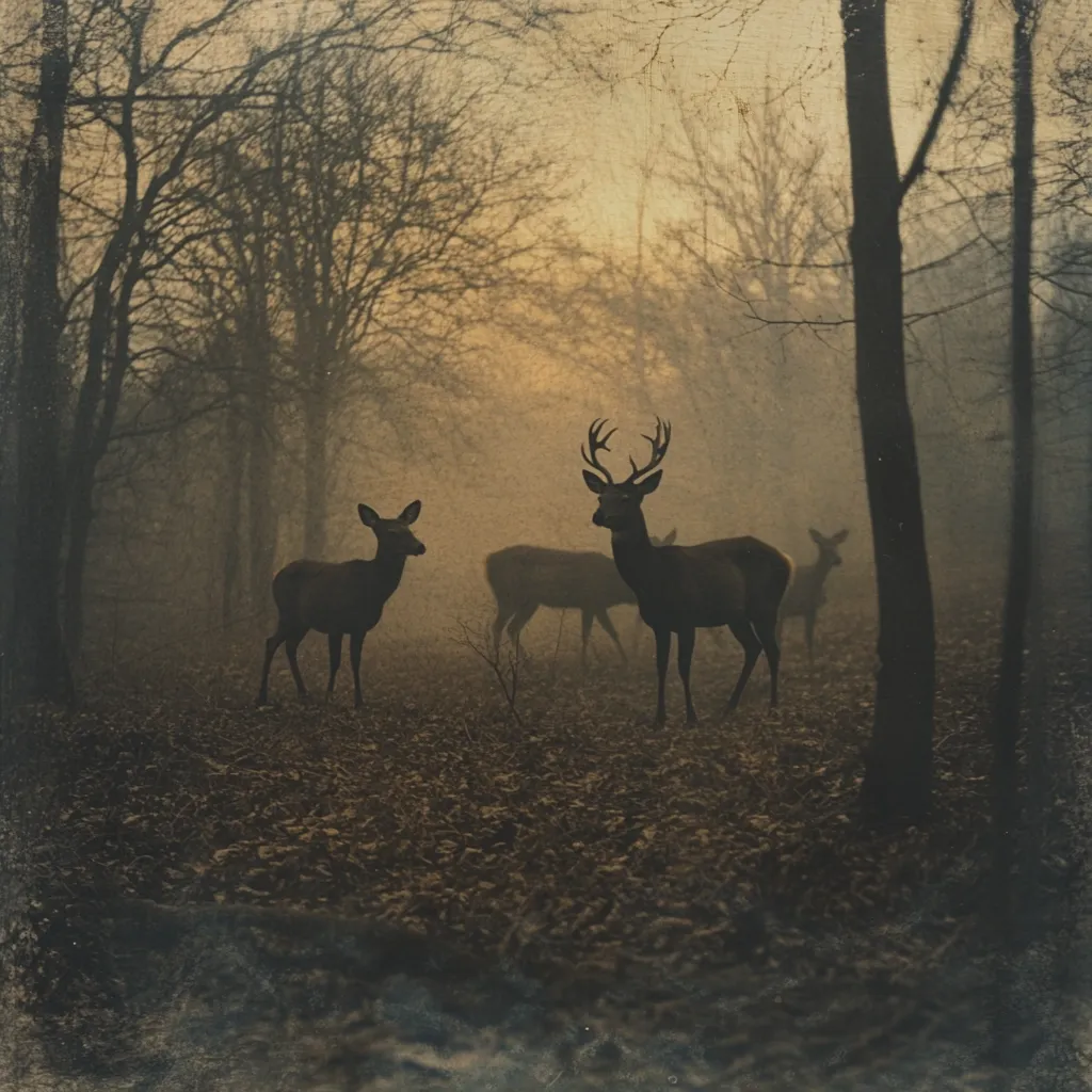 Three deer stand silhouetted in a misty forest at dawn.  A large stag with antlers is central, flanked by a smaller doe and another deer partially obscured by fog.  Tall, slender trees surround them, their branches bare, creating a somber and atmospheric scene. The overall tone is dark and moody, with muted golds and browns suggesting a cool, early morning light.  The image evokes a sense of mystery and tranquility.