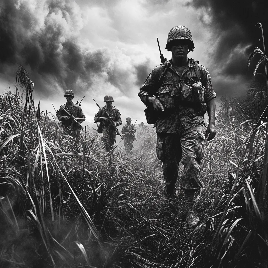 A black and white image depicts a squad of soldiers marching through tall grass under a dramatic, stormy sky. The lead soldier is in sharp focus, his equipment and weary expression visible.  His comrades trail behind, their forms slightly obscured by the vegetation and distance.  The overall mood is one of tension and hardship, evoking the atmosphere of a war zone.