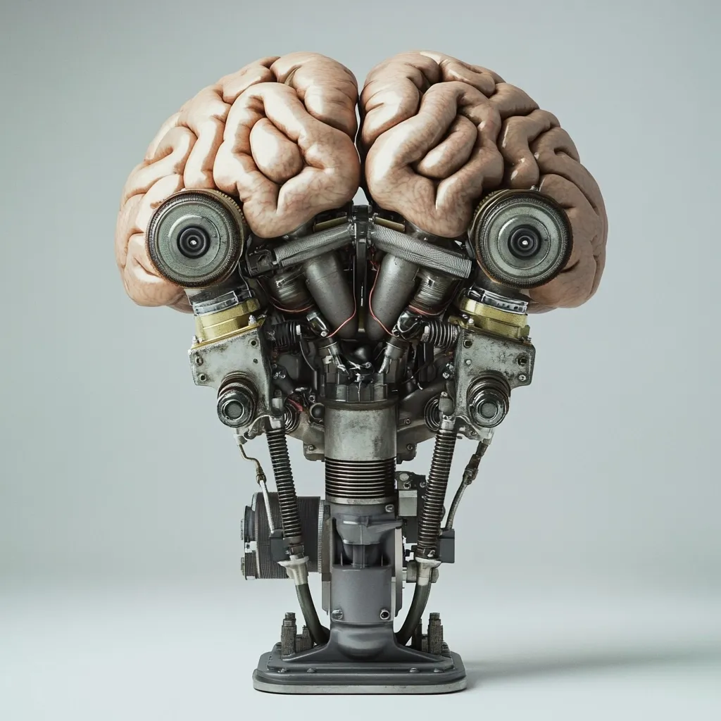 A 3D rendering depicts a human brain seamlessly integrated with a complex, steampunk-style engine.  The brain forms the top, with the engine's components replacing the neck and body.  Circular elements on either side of the brain resemble eyes, creating a surreal, biomechanical entity. The overall aesthetic blends organic and mechanical elements, suggesting a powerful, artificial intelligence.