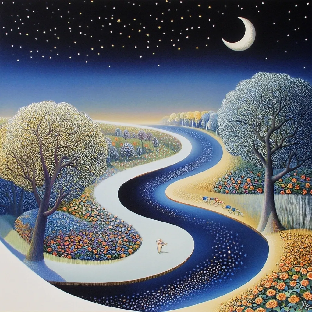A whimsical nighttime scene unfolds, featuring a meandering river mirroring a winding path.  Luminous trees and vibrant flowers line the banks under a crescent moon and starlit sky.  Tiny figures traverse the path, adding a sense of scale to the dreamlike landscape.  The overall impression is one of serenity and fantastical beauty.