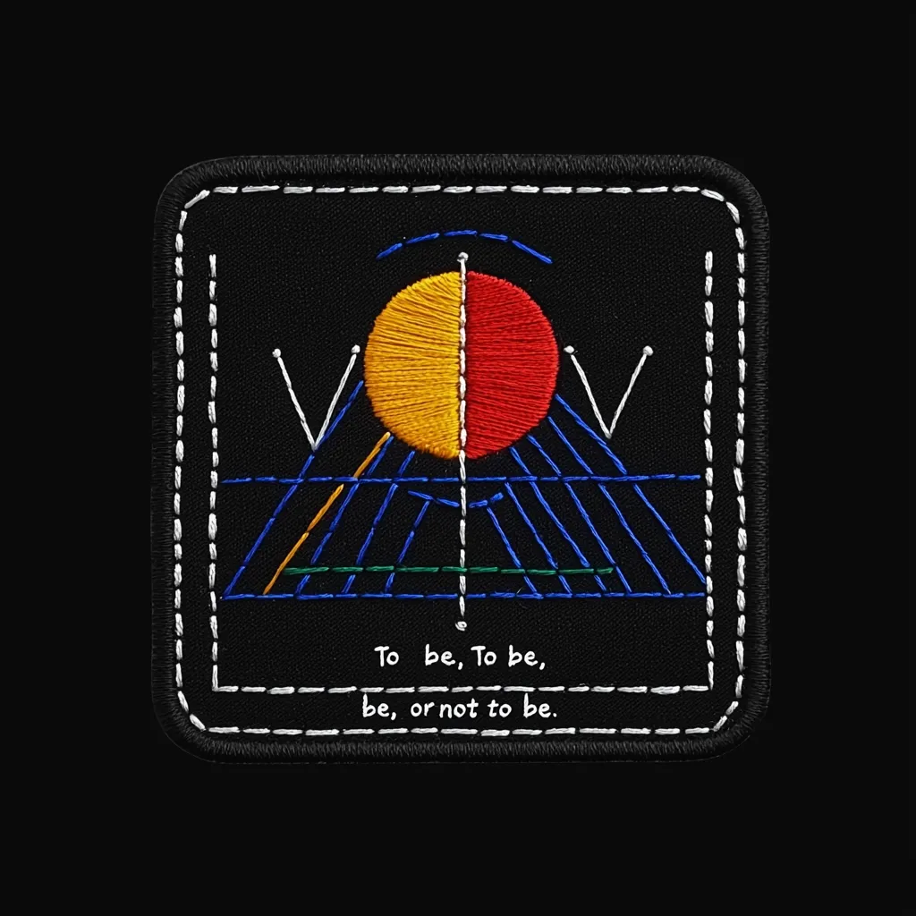 A square embroidered patch on black fabric features a geometric design. A central circle divided into red and yellow halves sits atop intersecting lines suggesting a landscape.  The phrase "To be, To be, be, or not to be" is embroidered below the design in white thread.  The patch is edged with a white dashed line and black stitching, giving it a modern, minimalist aesthetic.