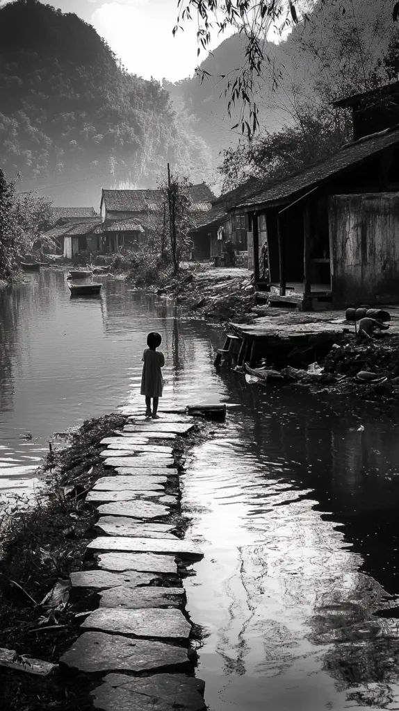 A young child stands alone on a stone path that leads across a calm river.  Simple, rustic houses line the riverbank, nestled amongst lush, mountainous terrain. The monochrome palette enhances the serene, yet slightly melancholic, atmosphere of the scene.  The image suggests a tranquil, possibly rural, setting in a remote location.