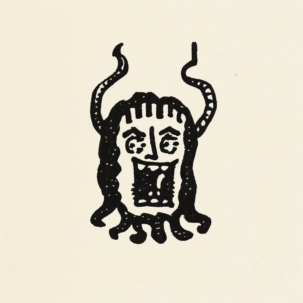 A black and white illustration depicts a grotesque, stylized face with long, wavy hair and upward-curving horns. The face is wide-mouthed, with exaggerated features, conveying a sense of intense emotion, possibly fear or anger. The style is reminiscent of primitive art or folk imagery, characterized by bold lines and a simplified form.  The overall impression is one of a whimsical yet slightly menacing character.