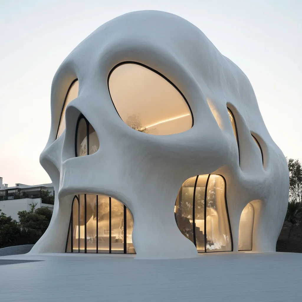 A striking contemporary building designed to resemble a human skull.  Its smooth, white exterior curves organically, incorporating large, irregularly shaped windows that glow warmly from within.  The structure's unique form creates a dramatic and memorable architectural statement, contrasting the organic shape with sharp, modern window frames.  The building sits on a flat, light-colored surface, enhancing its sculptural presence.