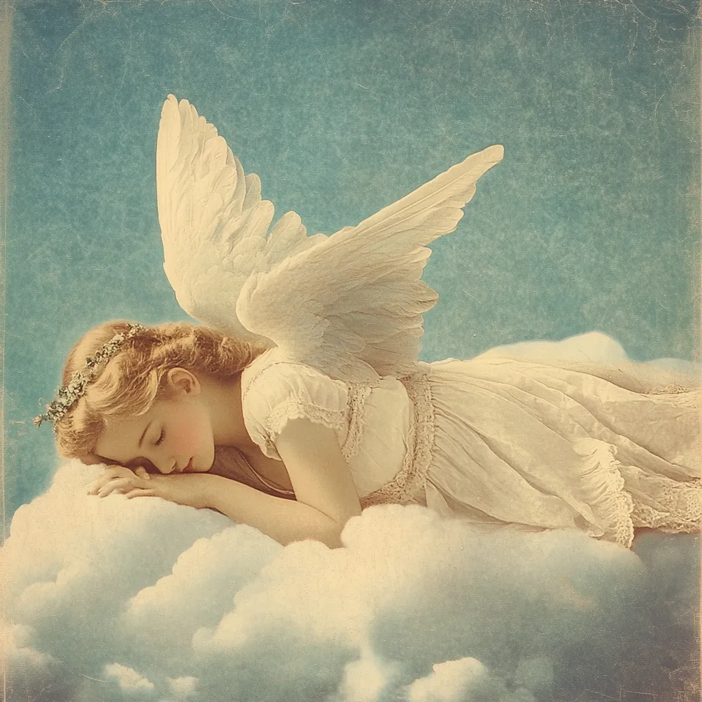 A serene image depicts a young angel, wings spread, gently resting her head on a fluffy cloud.  She wears a flowing white gown adorned with lace, and a delicate floral crown graces her blonde hair.  The soft, pastel colors and textured background create a dreamlike, ethereal atmosphere.  The angel's peaceful slumber evokes feelings of innocence and tranquility.