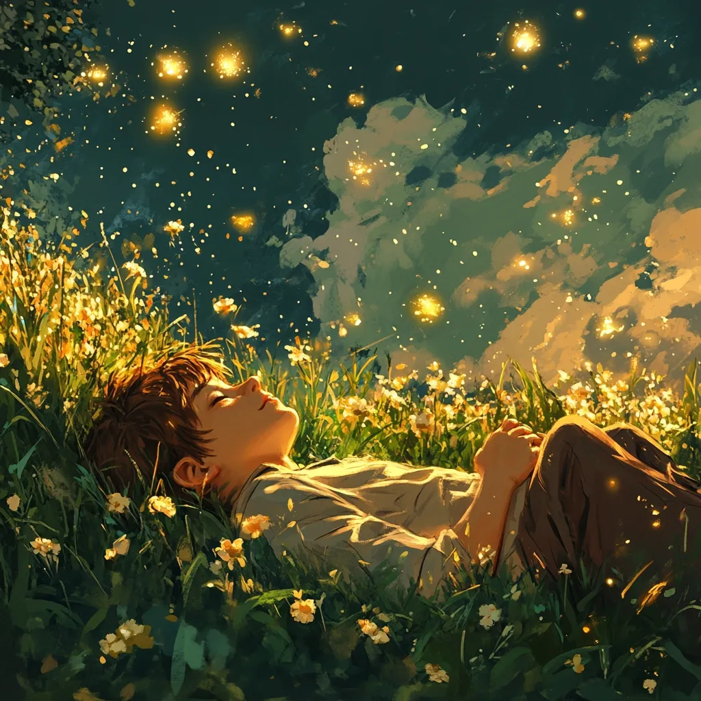 A young person with brown hair lies peacefully in a field of wildflowers, gazing up at a night sky filled with glowing fireflies.  The scene is serene and dreamlike, bathed in warm, golden light.  The artwork evokes feelings of tranquility and wonder, a moment of peaceful escape amidst nature's beauty.