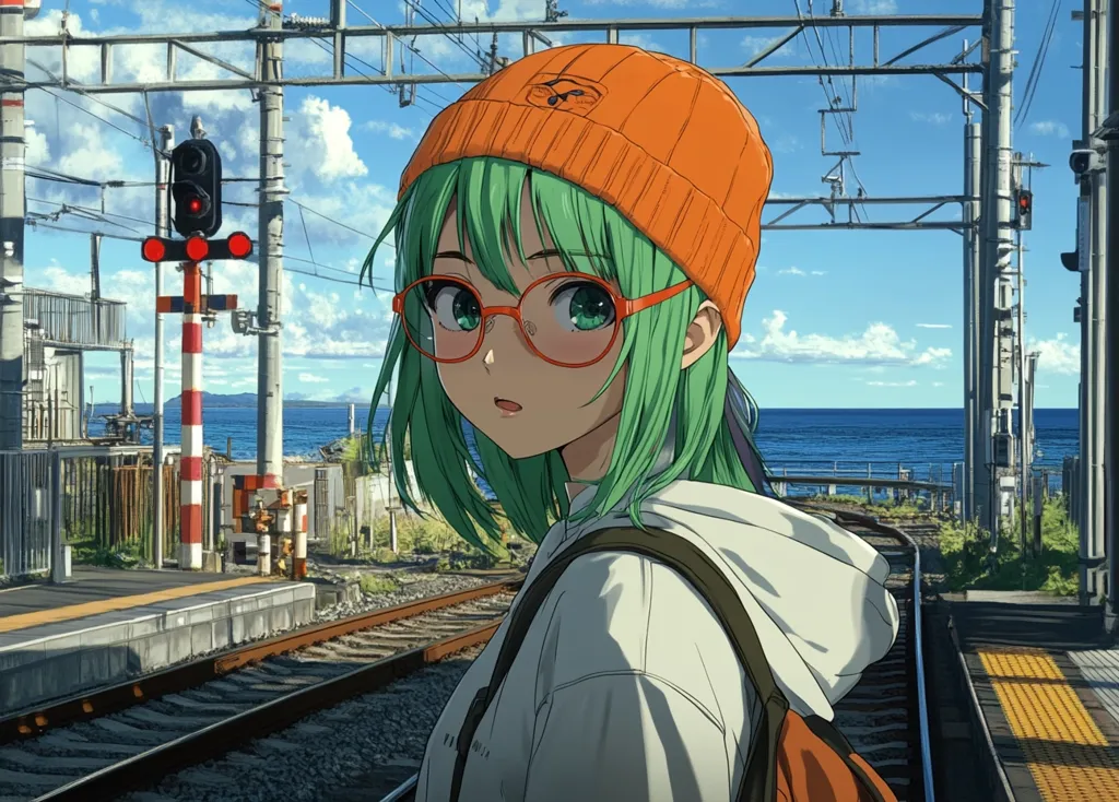 An anime girl with vibrant green hair, wearing orange beanie and round glasses, stands at a seaside train station.  She faces away from the camera, her expression subtly curious.  The railway tracks stretch towards a calm ocean under a partly cloudy sky.  A railway signal stands in the background, adding to the tranquil yet slightly melancholic atmosphere.  Her backpack suggests travel or a journey ahead.