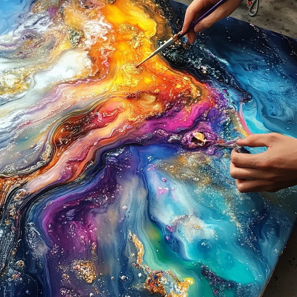 A vibrant, abstract painting in progress.  Swirling colors of teal, purple, orange, and gold create a cosmic effect, resembling a nebula or galaxy.  Metallic flecks add shimmer and depth.  Two hands delicately manipulate a brush and the paint, guiding the fluid colors across the canvas.  The artwork's fluidity and luminosity are captivating.