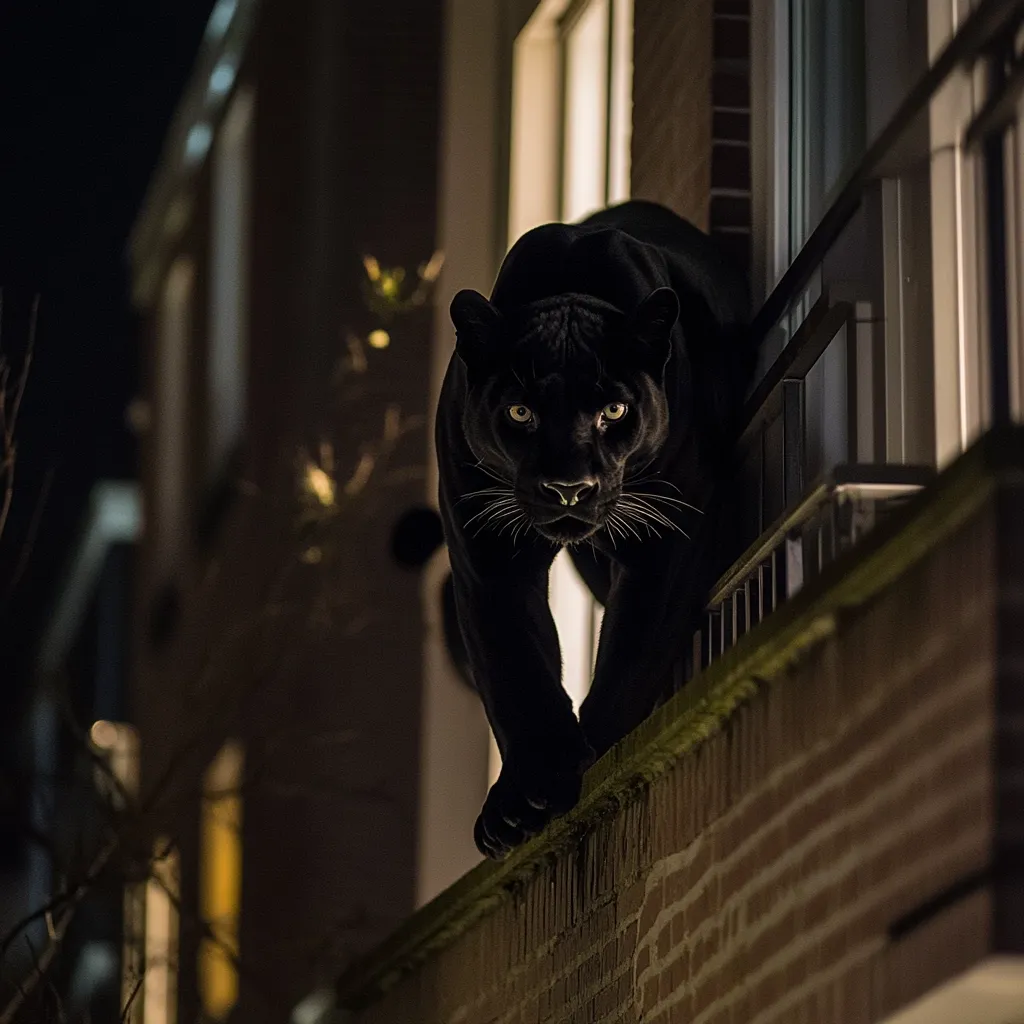 A majestic black panther, its eyes glowing intensely, stalks along a brick wall at night.  The blurred city backdrop emphasizes the panther's focus and power.  Its dark form contrasts sharply against the warm lights of the buildings, creating a dramatic and slightly unsettling image.  The panther appears poised and alert, its gaze fixed on something unseen.