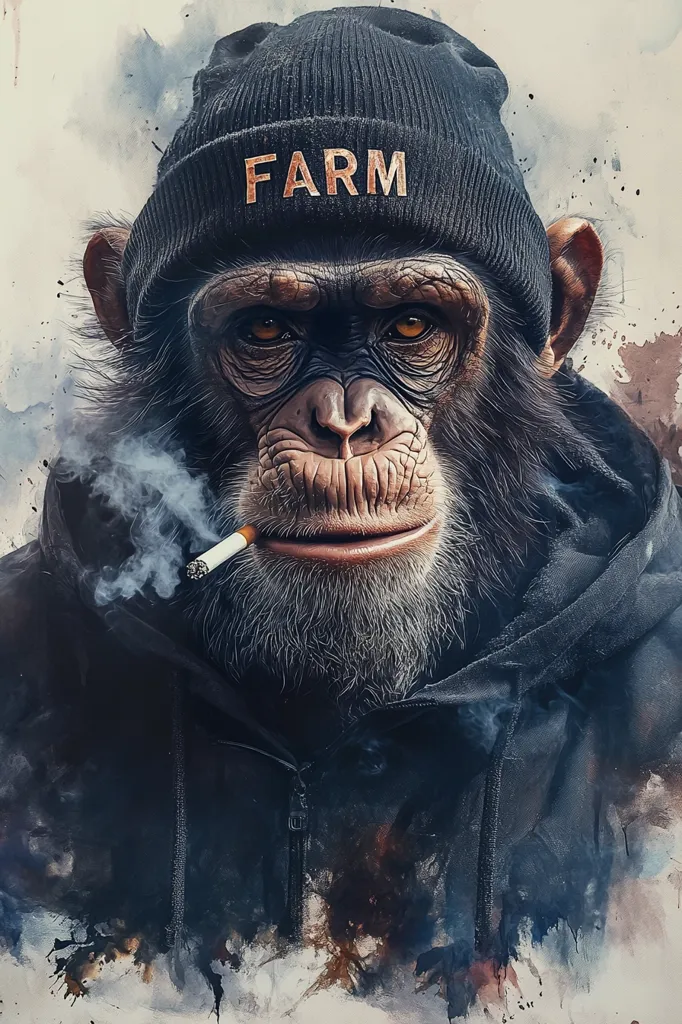 A chimpanzee, depicted in a realistic artistic style, sports a black beanie with "FARM" embroidered on it and a dark hoodie.  The chimp's expression is serious, and it holds a lit cigarette, exhaling smoke. The artwork incorporates a watercolor-like background, adding a textured and moody atmosphere. The overall effect is a stylized portrait with a hint of rebelliousness.