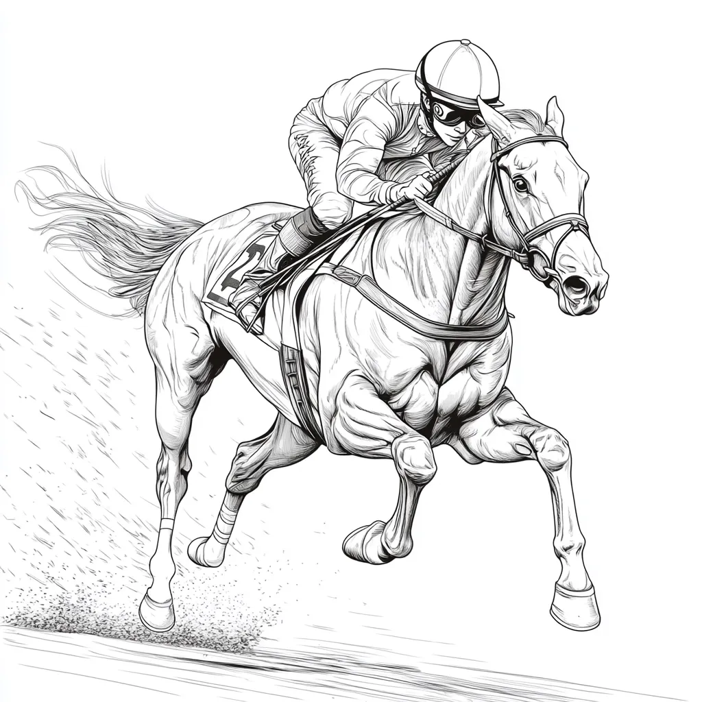 A detailed line drawing depicts a jockey mounted on a thoroughbred racehorse mid-stride. The horse, number 22, is powerfully built, its musculature clearly defined.  The jockey leans forward, focused and intent, gripping the reins.  Dust and motion lines suggest speed and dynamic movement, capturing the thrill of the race. The style is realistic, emphasizing anatomical accuracy and a sense of urgency.