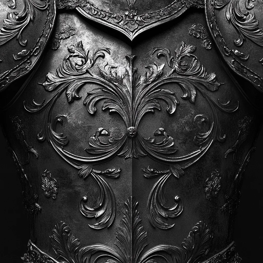A close-up reveals the intricately detailed chest plate of a suit of armor.  The dark metal is adorned with elaborate, swirling floral patterns, deeply etched into the surface.  The craftsmanship is exquisite, showcasing a high level of skill and attention to detail. The overall effect is one of both strength and elegance, evoking images of medieval knights and chivalry.