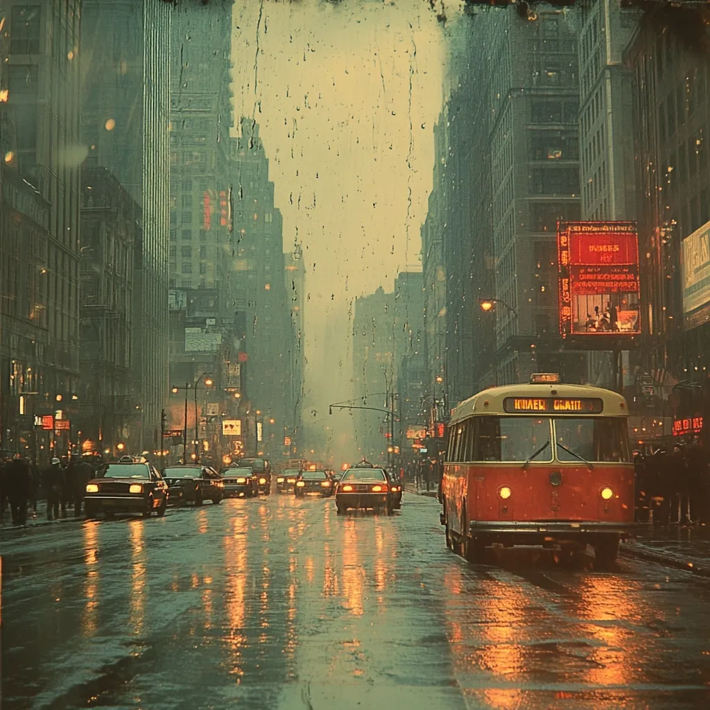 A rainy city street scene, viewed from inside a building.  Cars and a vintage bus navigate the wet asphalt, their lights reflecting in the puddles.  Tall buildings line the street, their windows gleaming faintly.  The atmosphere is moody and nostalgic, with a muted color palette and a focus on the atmospheric rain.  The overall effect is one of quiet urban beauty.