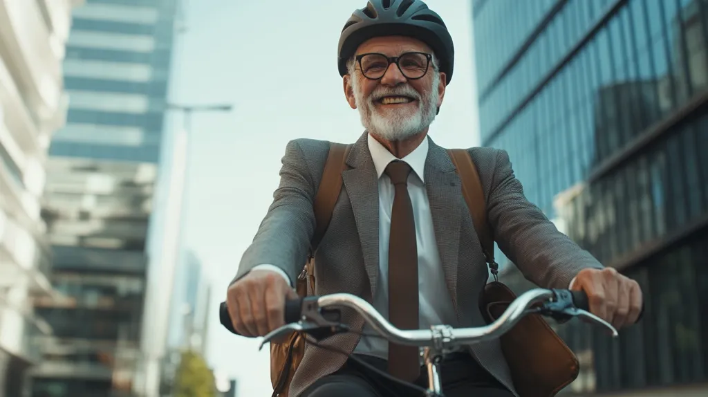 A smiling senior businessman, wearing a suit, helmet, and glasses, rides a bicycle through a modern city.  He carries a brown messenger bag, showcasing a blend of professional life and active commuting. The background features tall office buildings, emphasizing the urban setting.  His joyful expression suggests a positive and efficient approach to his day.
