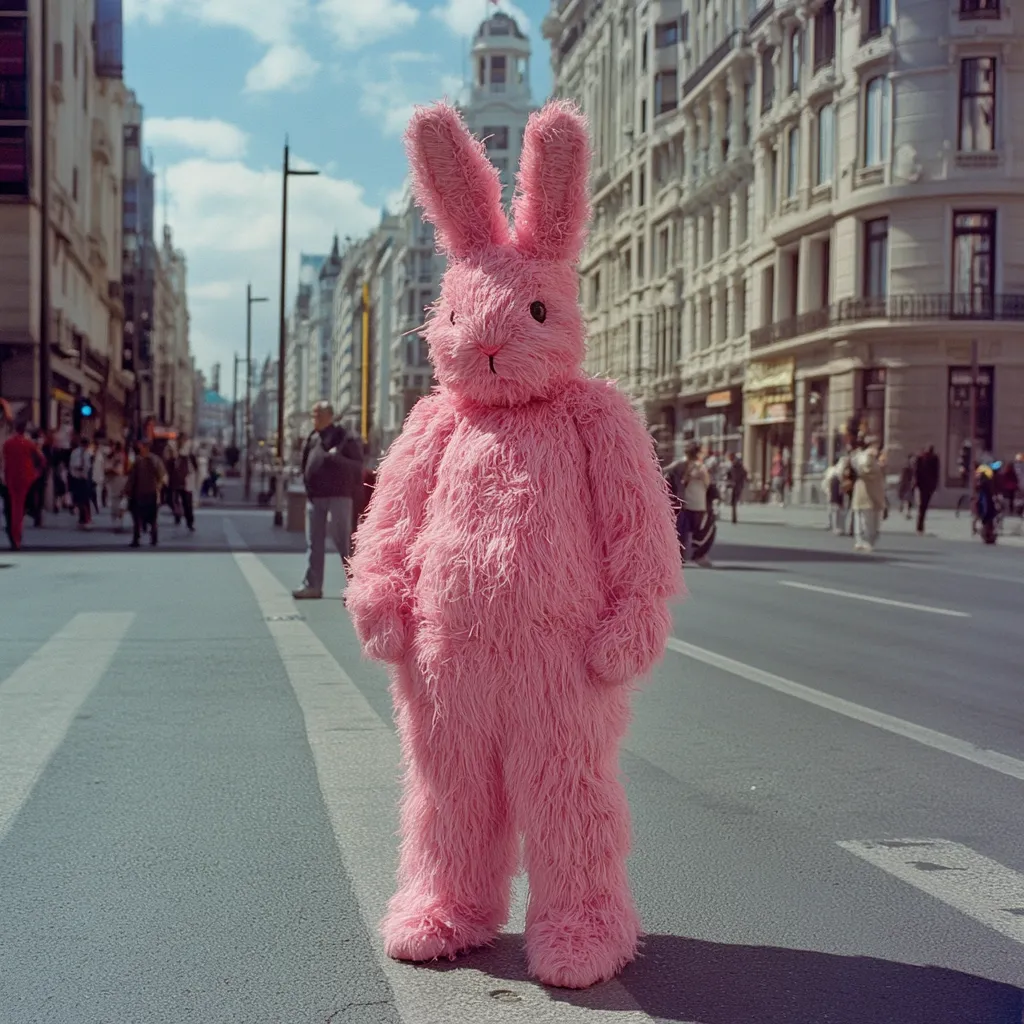 A fluffy pink bunny costume stands alone on a city street.  The background is blurred, showing a bustling pedestrian area with tall buildings and a sunny sky. The bunny is the clear focal point, its texture and color contrasting with the urban setting. The scene evokes a sense of whimsical contrast between the playful costume and the seriousness of the city environment.