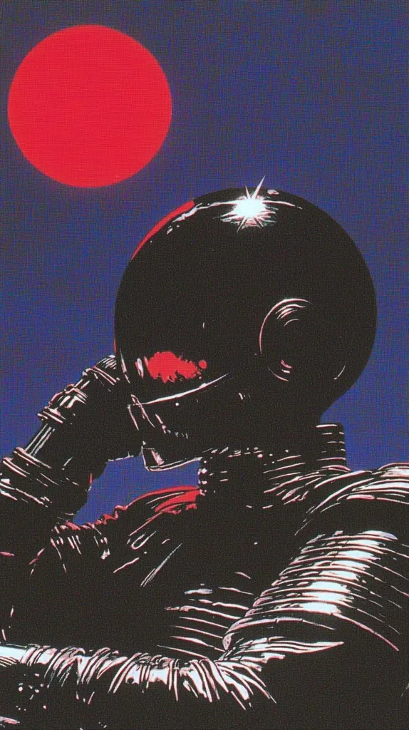 A stylized illustration depicts a figure in a futuristic helmet and suit, reminiscent of cyberpunk aesthetics.  The helmet is black and highly reflective, with a large red glow visible within. The figure's pose is contemplative, hand to face, against a backdrop of a deep blue sky and a large, vibrant red circle, possibly representing a planet or sun. The overall style is dark, bold, and graphic.