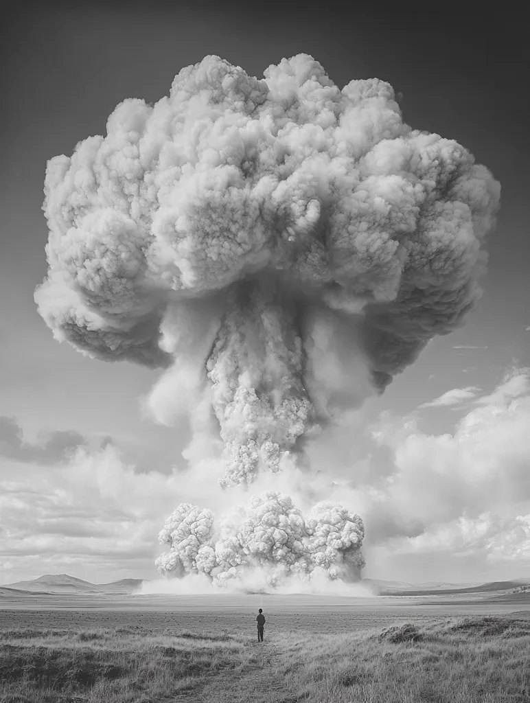 A grayscale image depicts a colossal mushroom cloud, reminiscent of a nuclear explosion, dominating the landscape.  A solitary figure stands in a vast, flat field, dwarfed by the immense cloud, creating a stark contrast between human insignificance and the destructive power of nature or technology. The sky is filled with billowing smoke, casting a somber mood over the desolate scene.