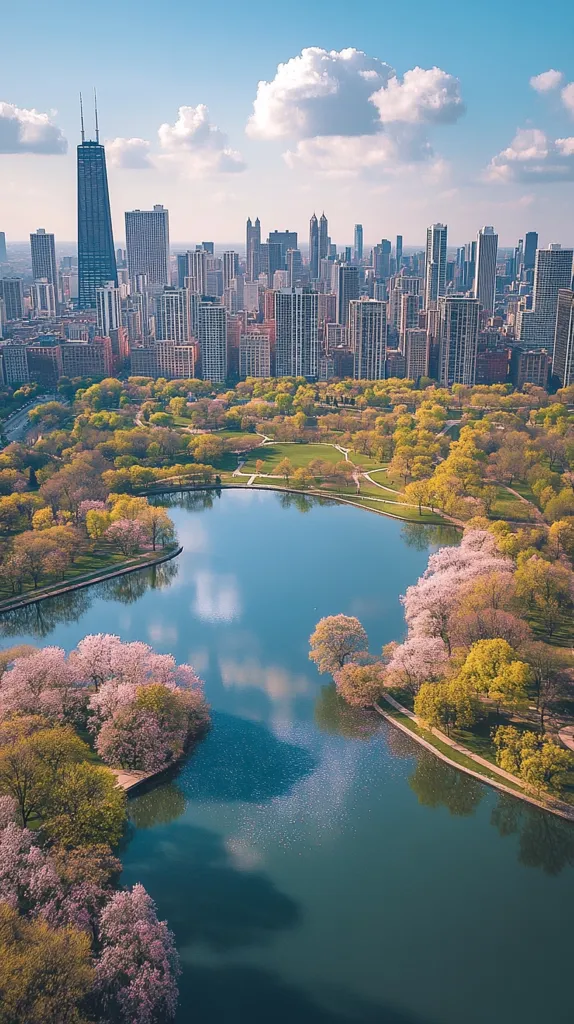 An aerial view showcases a serene lake nestled within a vibrant park, bordered by blossoming trees in hues of pink and yellow.  The Chicago skyline, featuring the iconic John Hancock Center, rises majestically in the background under a partly cloudy sky. The contrast between the city's architecture and the peaceful natural landscape creates a captivating urban oasis.