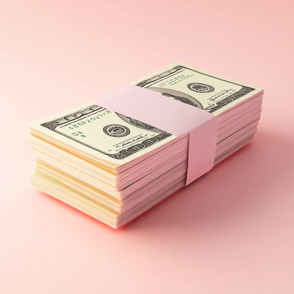 A thick stack of US $100 bills is neatly banded with a pale pink strap. The bundle rests on a matching pink surface, creating a visually appealing contrast between the crisp green currency and the soft pastel background. The image suggests wealth, prosperity, or financial success.  The focus is on the organized and substantial amount of cash.