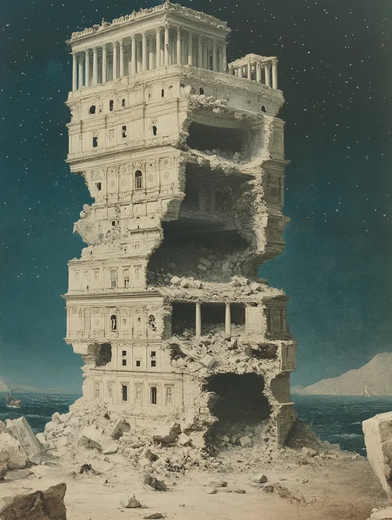 A towering, multi-storied ruin dominates the scene, its classical architecture partially collapsed, revealing internal structures.  The building's remnants are a mix of intact classical elements like columns and detailed facades, and chaotic rubble. It stands by a dark, turbulent sea under a starlit sky, suggesting a dramatic, possibly cataclysmic event. The scene is evocative of lost civilizations and the passage of time.