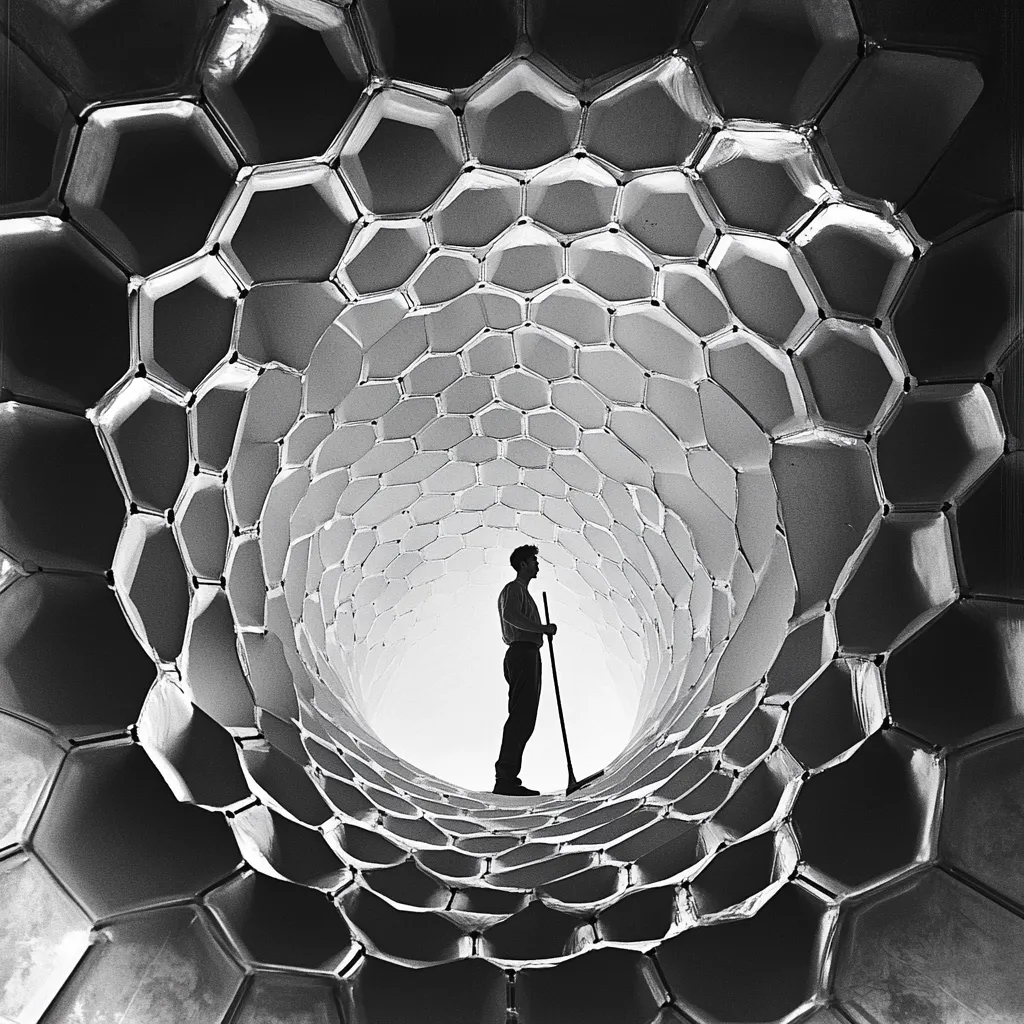 A black and white photograph depicts a man standing in the center of a large, hexagonal structure. The structure resembles a tunnel or vortex, composed of numerous interconnected hexagonal shapes. The man, silhouetted against the bright background, holds a long-handled tool, possibly a broom or rake. The image's contrast emphasizes the geometric pattern and the figure's solitary presence within the intricate design.