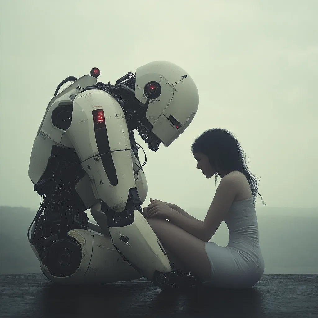 A large, white robot kneels beside a young woman in a white dress.  Both figures are positioned in a somber, contemplative pose, their heads bowed slightly. The setting appears desolate and misty, creating a mood of quiet sadness and perhaps a connection between human and machine. The robot's design is intricate and detailed, contrasting with the woman's simplicity.  The overall image evokes a sense of empathy and emotional depth.