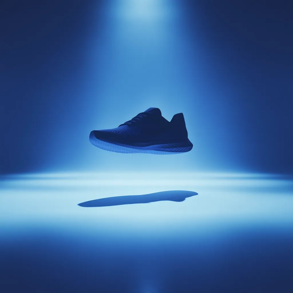 A single dark-colored athletic shoe levitates in a bright blue, softly lit studio.  The shoe is centered in the frame, its shadow cast faintly below.  The background is a gradient of blue, deepening in tone towards the edges.  The overall mood is clean, minimalist, and suggestive of speed and performance.
