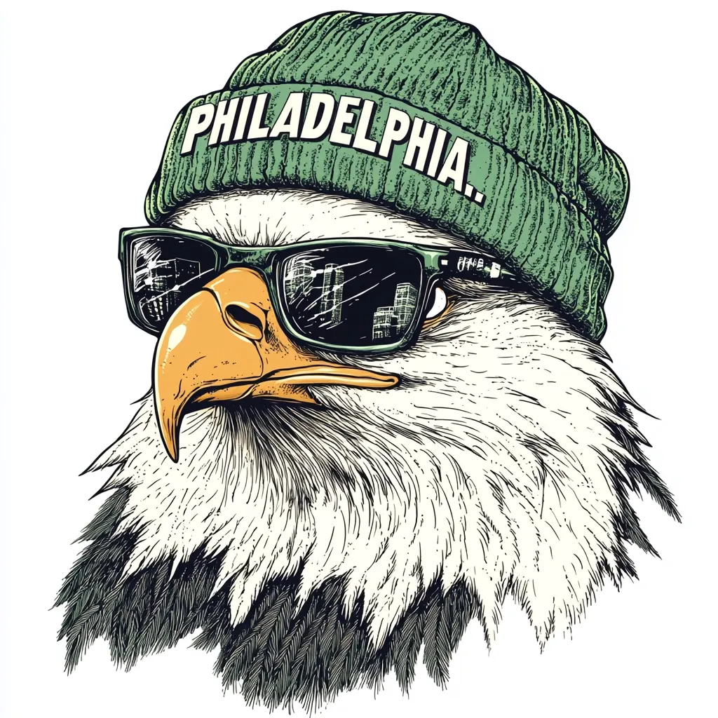 A detailed illustration of a bald eagle's head and neck.  The eagle sports a green beanie emblazoned with "PHILADELPHIA."  It also wears stylish sunglasses reflecting a cityscape, creating a cool and urban aesthetic. The artwork is rendered in a hand-drawn style with meticulous attention to detail in the feathers and textures.