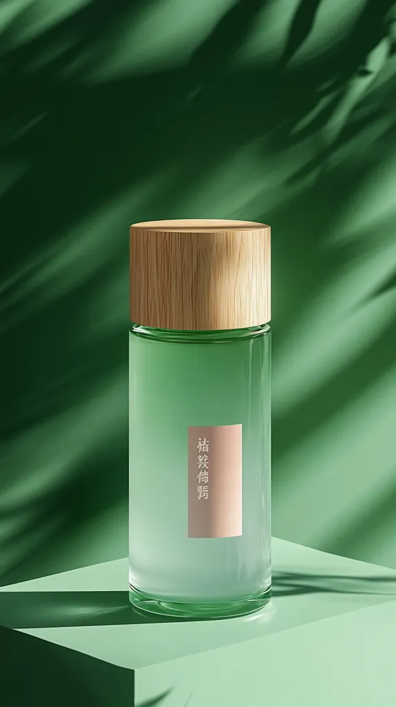 A cylindrical bottle of light green liquid sits on a pale green cube.  The bottle has a light wood top and a minimalist label with Asian characters.  The background is a deep green, with dappled shadows suggesting sunlight filtering through leaves. The overall aesthetic is clean, simple, and natural.