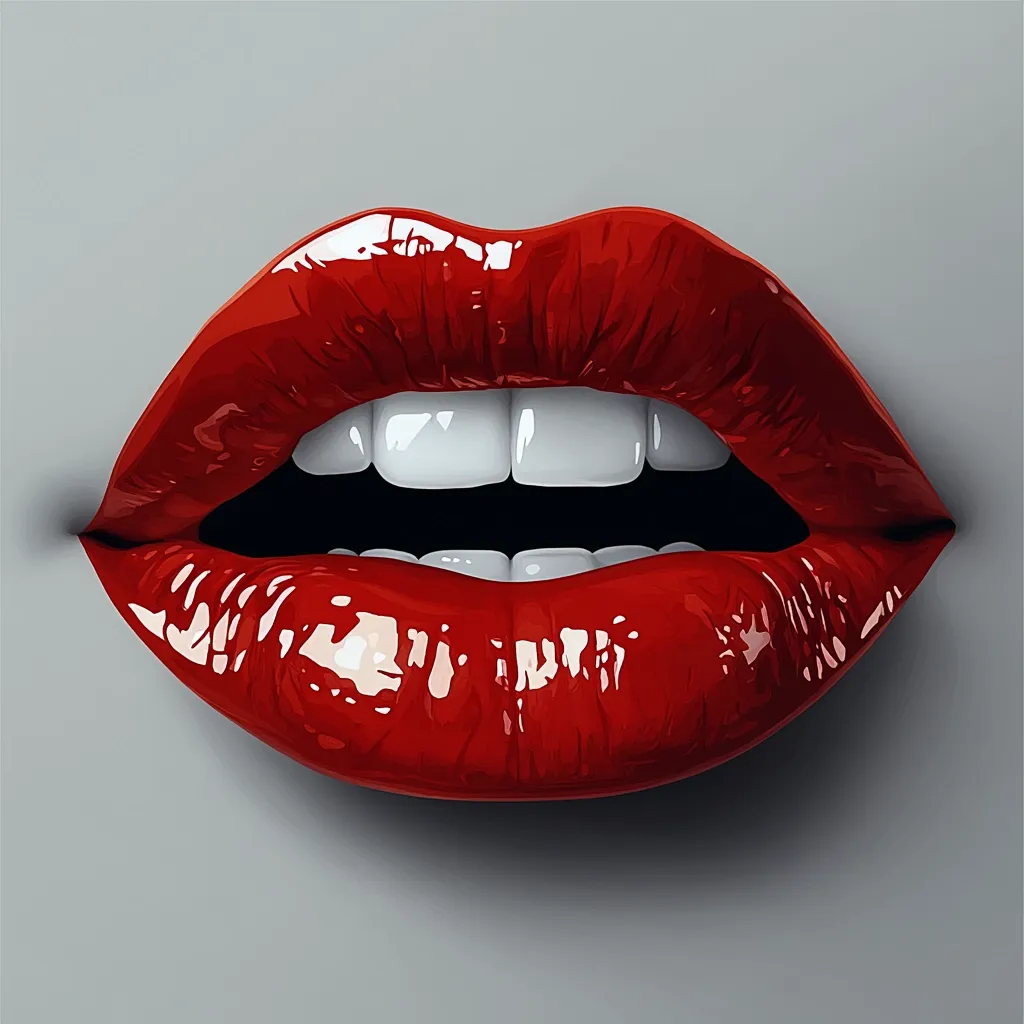 A close-up illustration showcases a pair of luscious, full lips painted in a vibrant, glossy red.  The lips are slightly parted, revealing a set of bright white teeth.  The image is starkly contrasted against a muted gray background, emphasizing the bold color and smooth texture of the lips.  The style is highly stylized and visually striking.