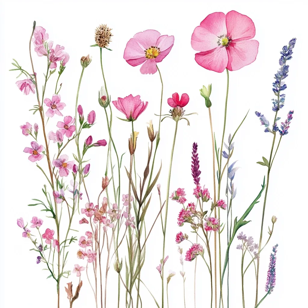 A watercolor painting showcases a delightful array of wildflowers against a stark white backdrop.  Delicate pink cosmos, smaller pink blossoms, and sprigs of lavender are artfully arranged, their slender stems creating a natural, flowing composition. The overall effect is one of gentle beauty and springtime freshness. The painting's simplicity highlights the individual blooms' unique textures and colors.