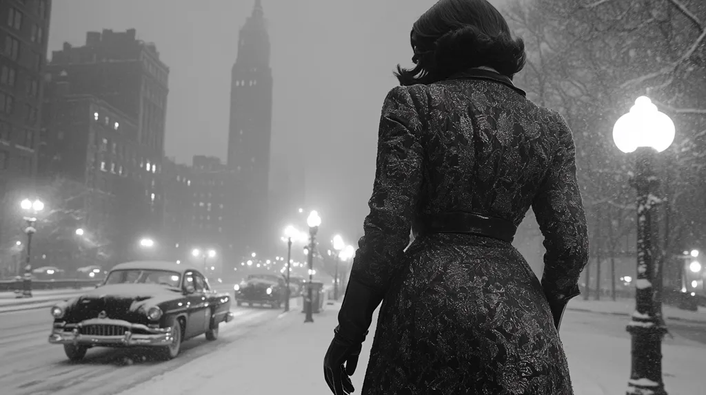 A woman in a stylish, textured coat walks away from the camera down a snow-covered city street.  The scene is monochrome, evoking a classic film noir aesthetic.  Snow falls gently, illuminating the streetlights and the buildings lining the avenue.  A vintage car is visible in the background, adding to the nostalgic atmosphere.  The overall mood is melancholic and atmospheric.
