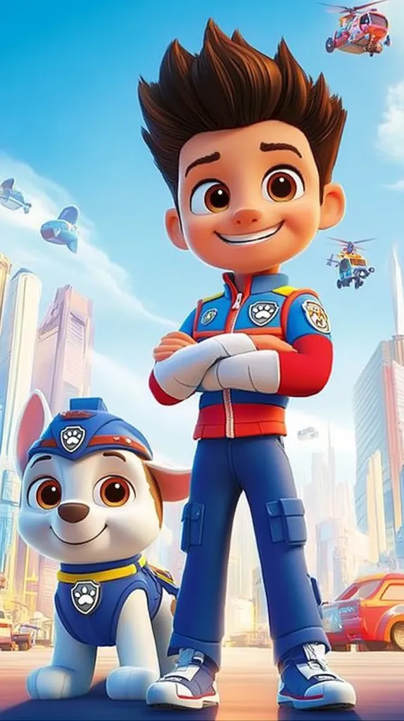 A promotional image for the PAW Patrol movie features Ryder, the team leader, standing confidently with his pup, Everest.  Ryder, a young boy with brown hair, sports his signature red and blue uniform. Everest, a white and brown puppy, wears a police-style vest. The backdrop showcases a bustling city skyline with various vehicles, creating a vibrant and action-packed scene.