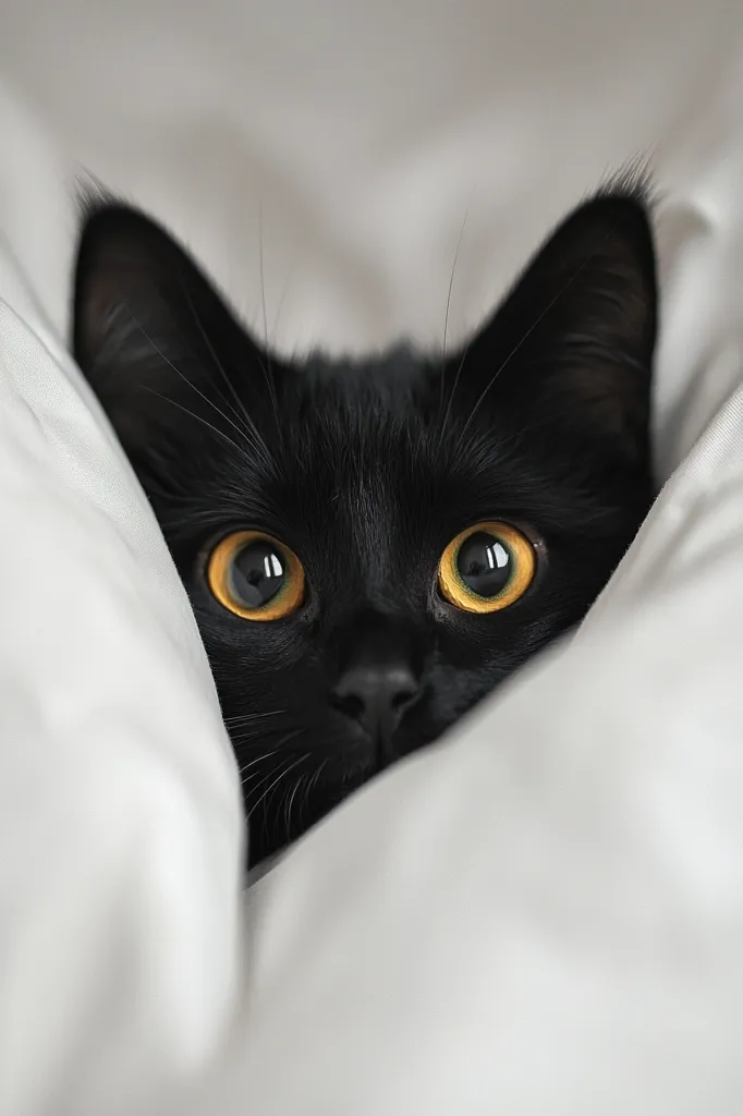 A black cat with bright orange eyes peeks out from under a white blanket.  Only its face and ears are visible, creating a playful and mysterious image. The contrast between the cat's dark fur and the light bedding is striking.  The cat's curious expression adds to the overall charm of the photograph.
