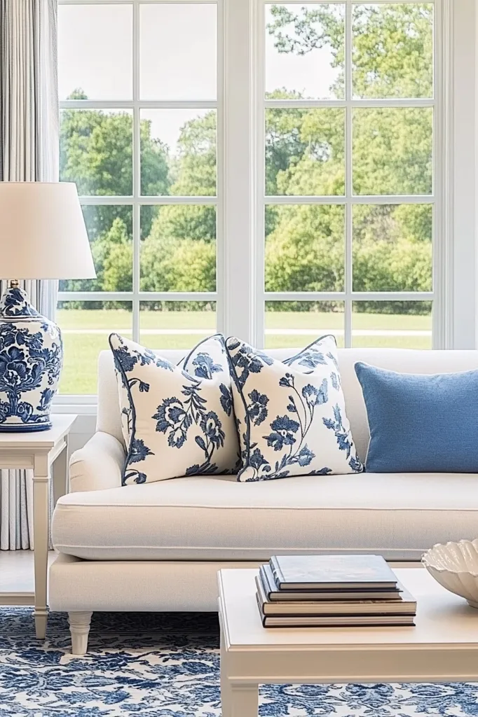 A white sofa with blue floral pillows sits in front of a large window overlooking a lush green landscape.  A blue and white porcelain lamp sits on a nearby side table. A stack of books rests on a white coffee table, which sits on a blue and white patterned rug. The overall style is bright, airy, and elegantly casual.