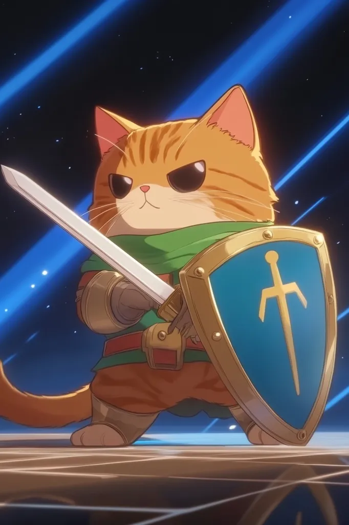 A chubby orange tabby cat, clad in medieval-style armor, stands defiantly.  It grips a gleaming sword in one paw and a sturdy shield bearing a sword emblem in the other.  The cat's expression is serious, conveying courage and determination against a backdrop of streaks of blue light. The overall style is anime-inspired, presenting a cute yet powerful warrior feline.