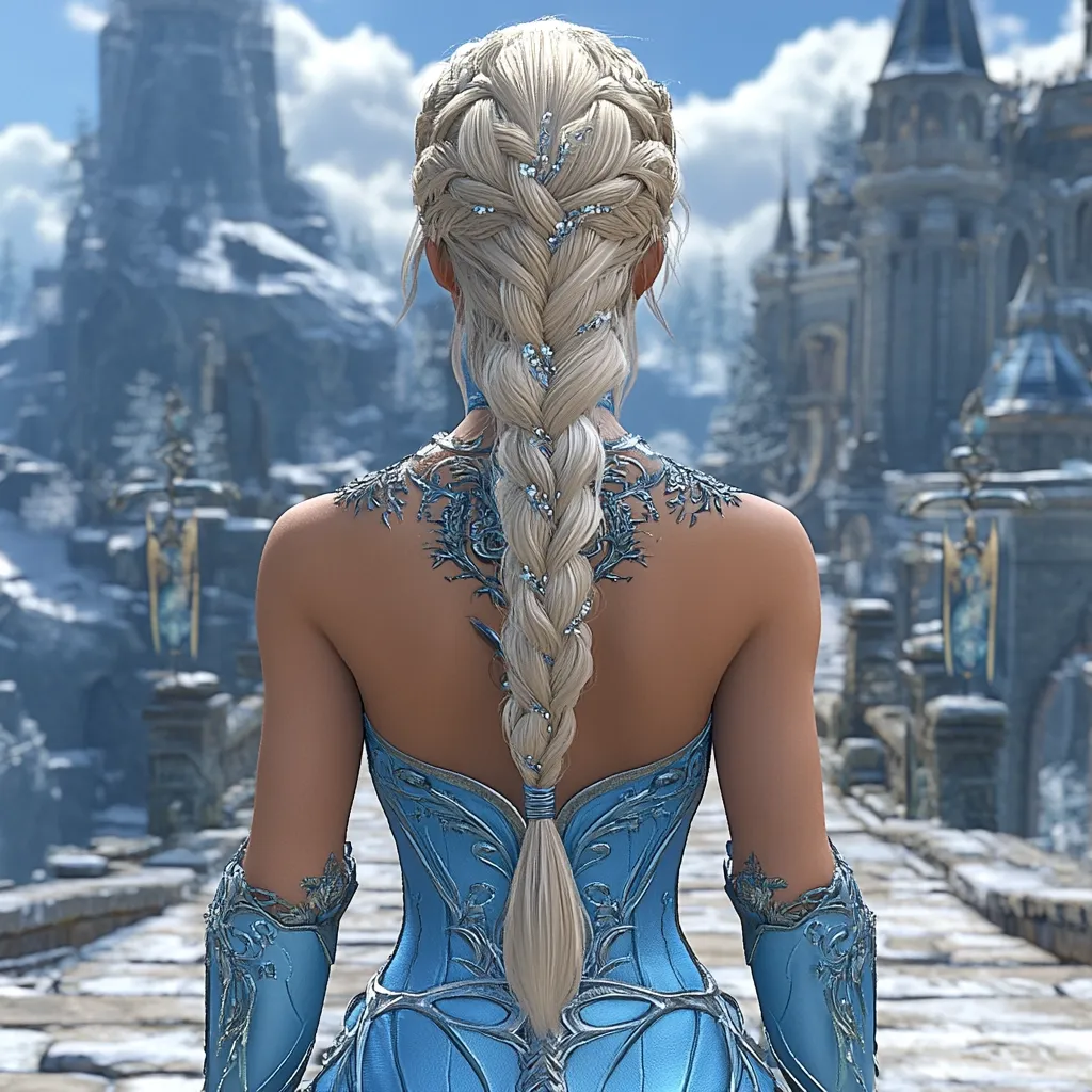 A blonde woman with an intricate braid adorned with beads stands with her back to the viewer. She wears an elegant, light blue gown with silver detailing, reminiscent of fantasy attire. The background features a snow-covered landscape and a grand, ornate castle, creating a picturesque, fairytale setting.  Her posture suggests contemplation or anticipation.