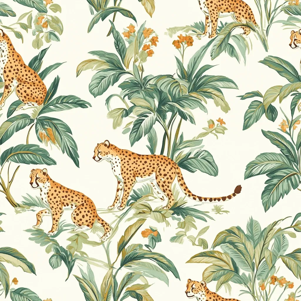 A lush tropical print features cheetahs nestled amongst vibrant green palm leaves and delicate orange flowers.  The off-white background accentuates the detailed illustration of the cheetahs' spots and the varied shades of green in the foliage.  The design is repetitive, creating a seamless pattern suitable for fabric or wallpaper.